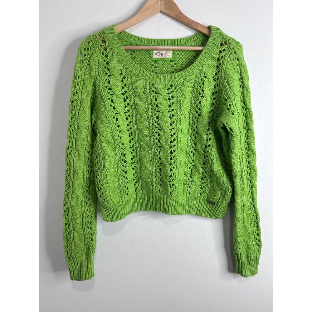 Hollister Womens Lime Green Cable Knit Pointelle Sweater Sz L Preppy Crochet Y2K